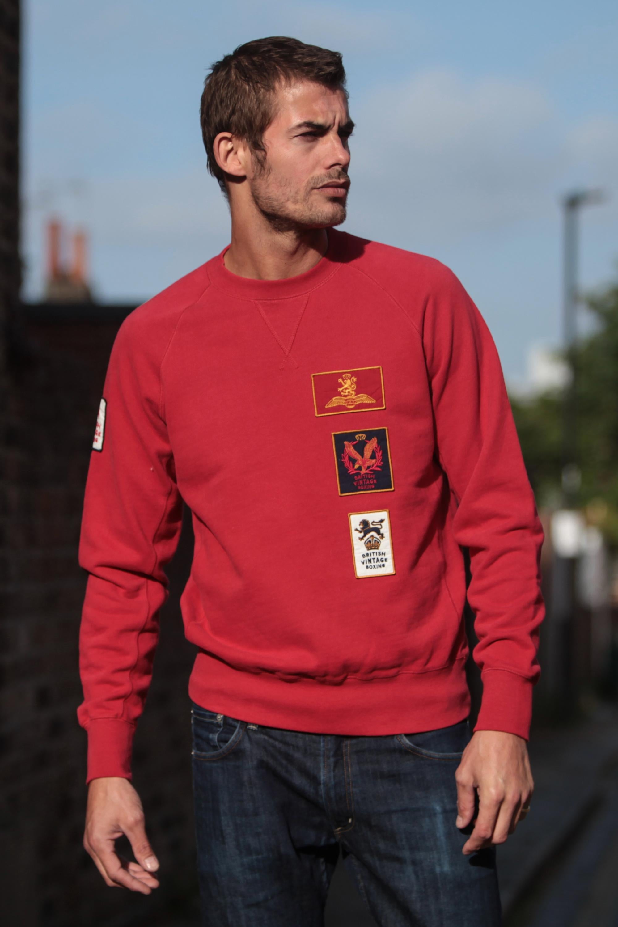 BOMBARDIER MILITARY PATCH CREWNECK SWEATSHIRT - FADED RED